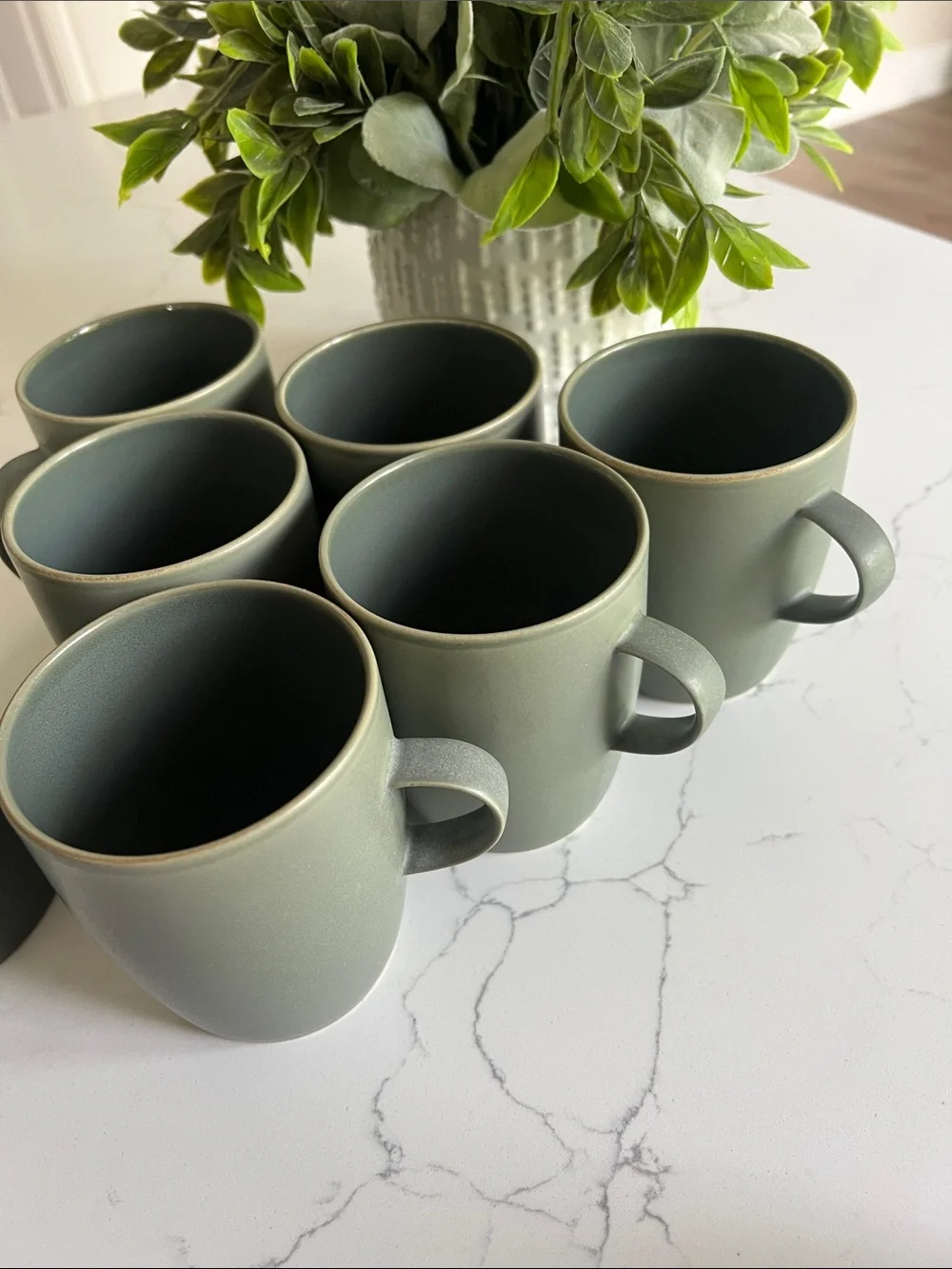 Crate&Barrel Matte Green Ceramic Tea Mugs with Sugar and Creamer